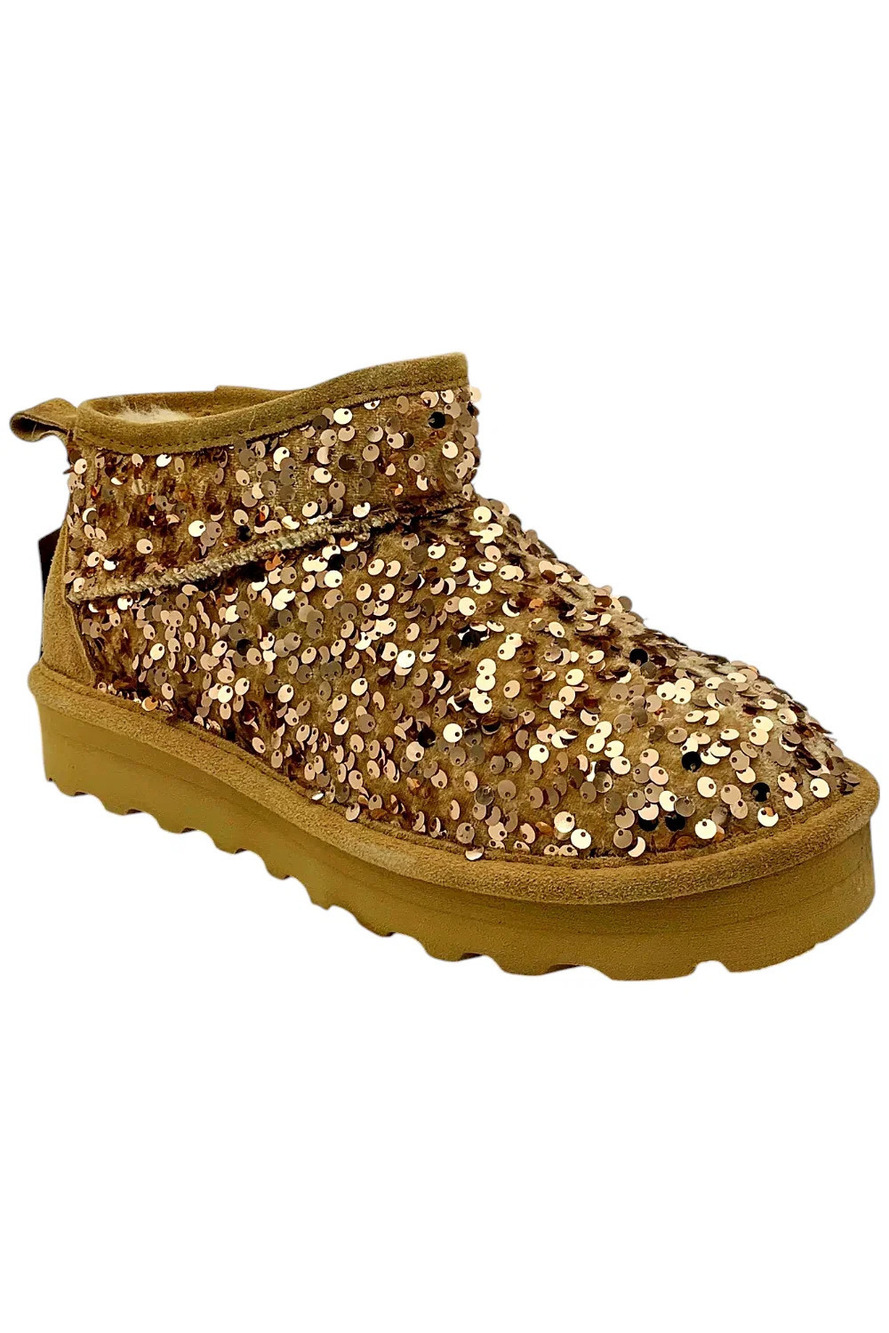 BEARPAW Women's Sydney Sequined Bootie Gold - Medium
